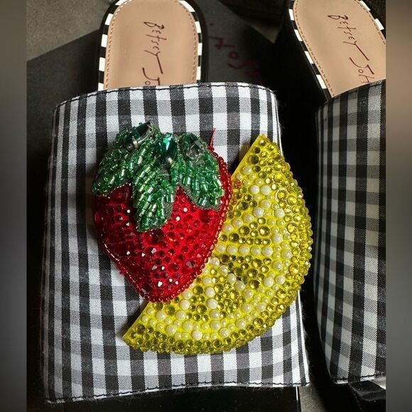 Betsey Johnson Black and White Gingham Sandals with Strawberry Appliqué - Picture 7 of 9